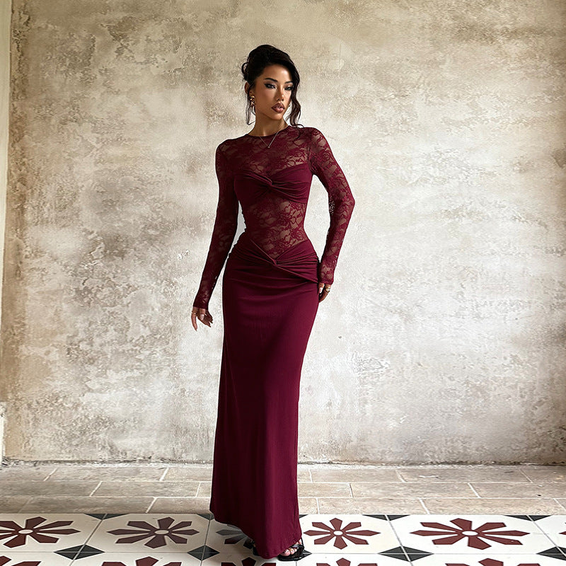 Damen Elegantes Maxikleid mit Spitzenoberteil und raffinierten Drapierungsdetails Drune