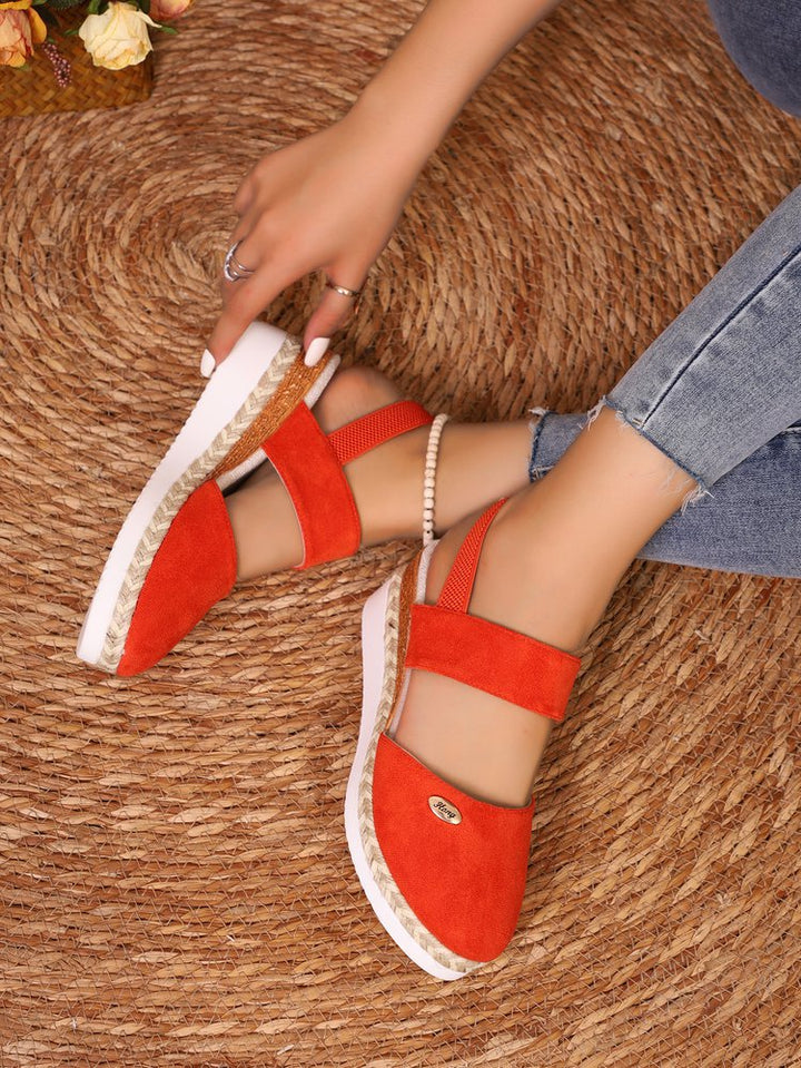 Damen  Espadrille-Keilpantoletten mit elastischem Fersenriemen, Veloursoptik-Obermaterial und geflochtenem Jute-Plateau Drune