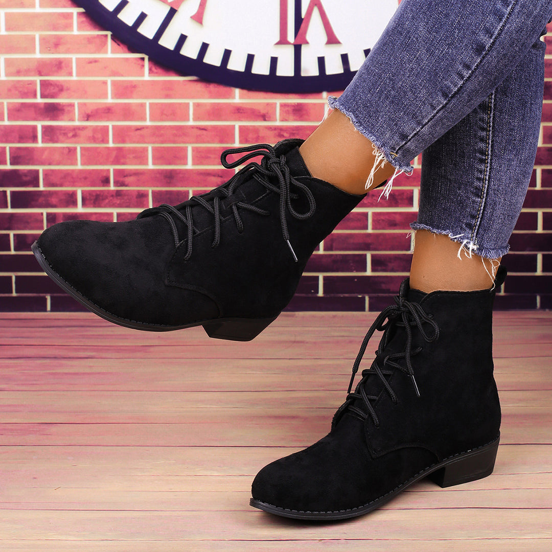 Damen nan knöchelhohe Schnürstiefelette mit soften Veloursoptik, praktischer Zugschlaufe und niedrigem Blockabsatz Drune