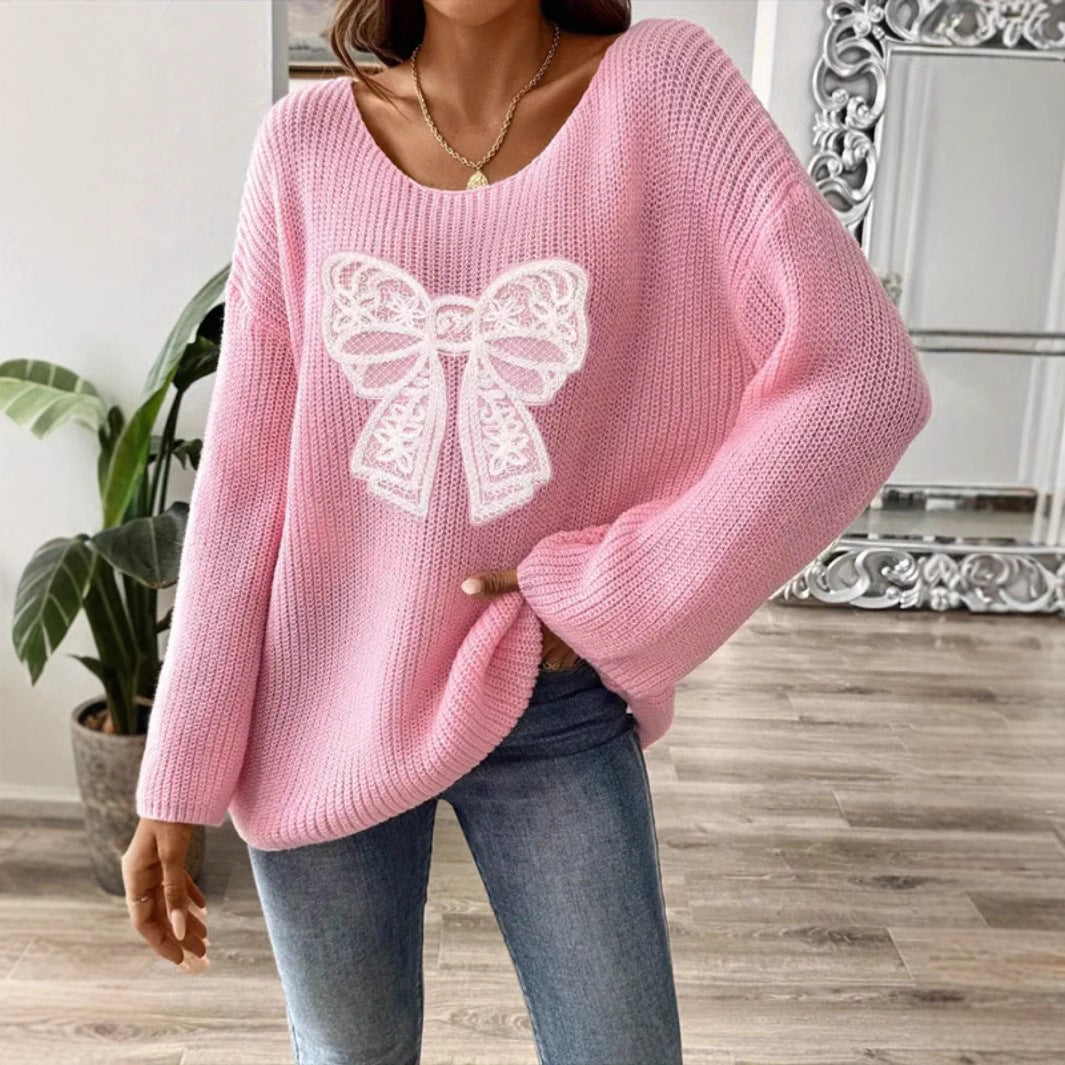 Damen Oversized Strickpullover mit romantischem Schleifenmotiv Drune