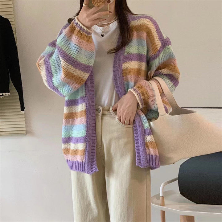 Damen lässiger Strickcardigan mit buntem Streifenmuster und weiten Ärmeln Drune
