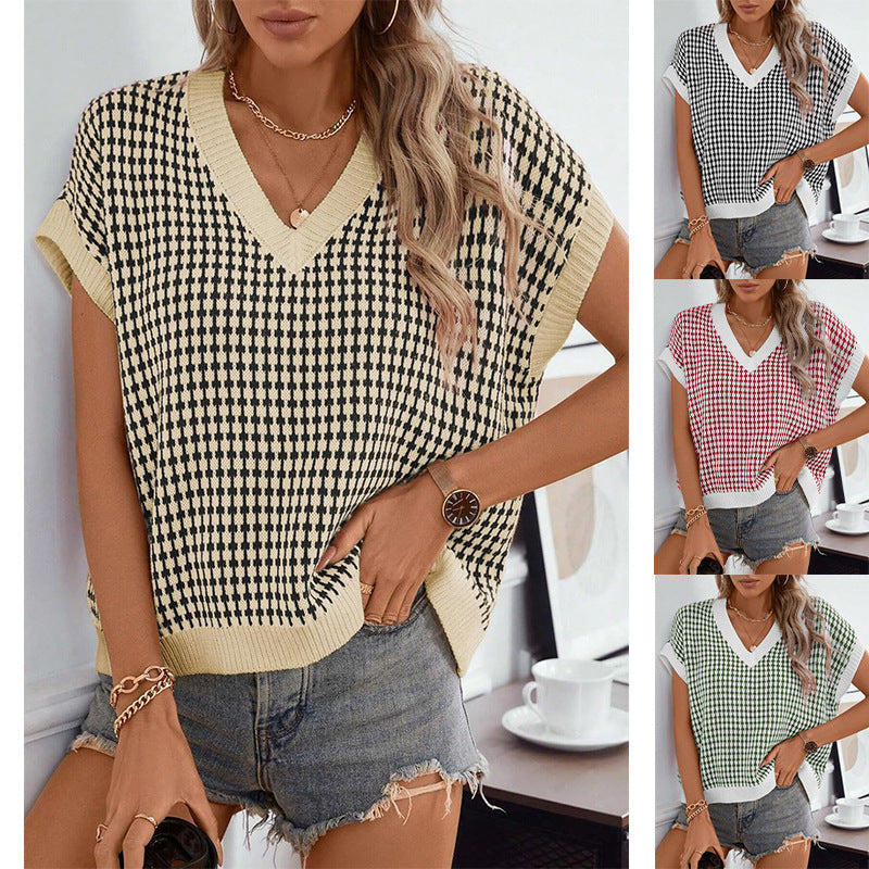 Damen Viskose Stricktop mit modernem Karomuster und V-Ausschnitt Drune