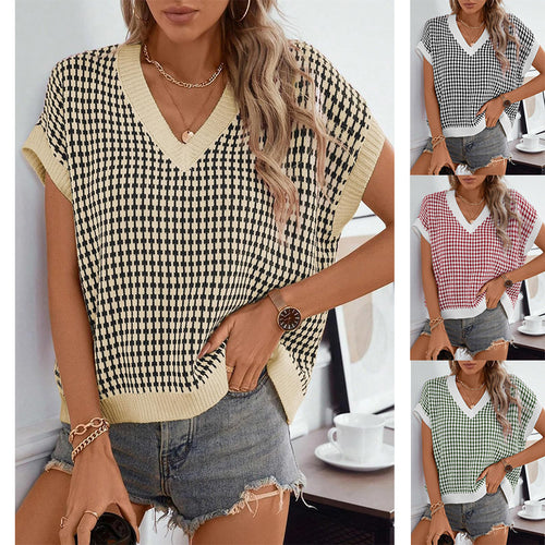 Damen Viskose Stricktop mit modernem Karomuster und V-Ausschnitt Drune
