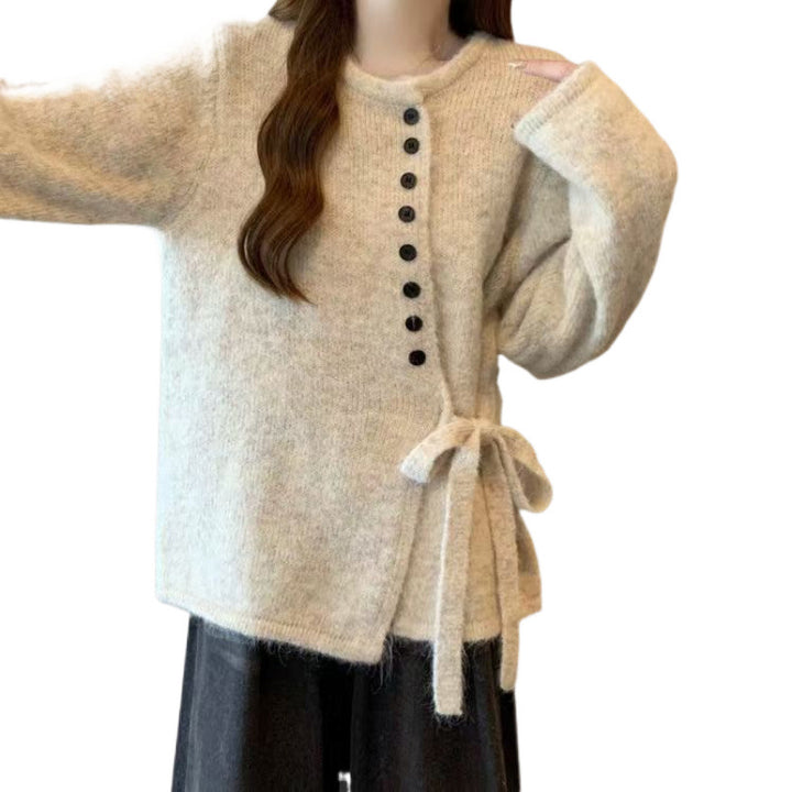 Damen stilvolle Strickjacke mit modischen Knopfdetails und Bindegürtel Drune