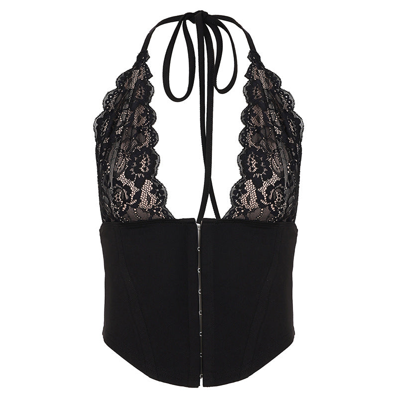 Damen Spitzen-Corsage mit tiefem V-Ausschnitt und modernen Rüschendetails Drune