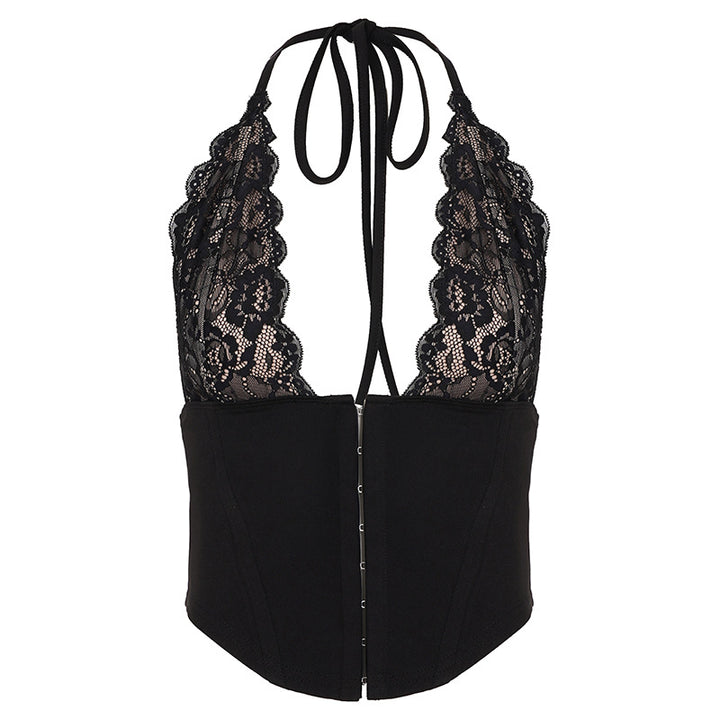 Damen Spitzen-Corsage mit tiefem V-Ausschnitt und modernen Rüschendetails Drune
