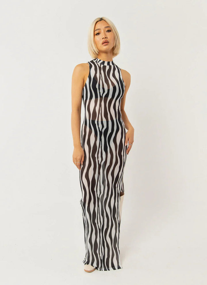 Damen elegantes Maxikleid mit hohem Kragen und fließendem Schnitt Drune