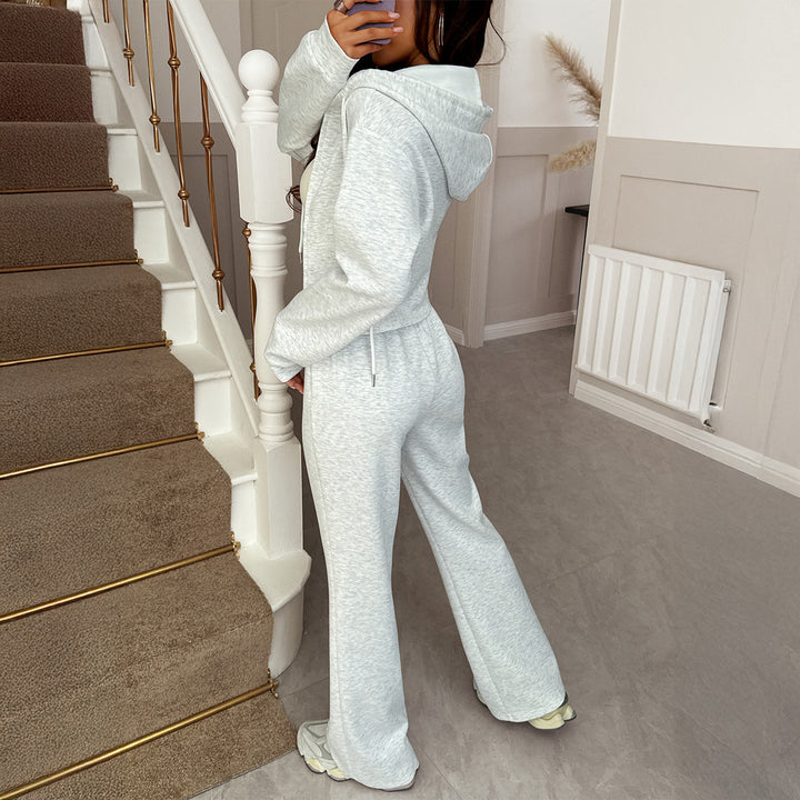 Damen nan kurzgeschnittenes Kapuzen-Sweatset mit Reißverschluss und hochtaillierter Schlaghose Drune