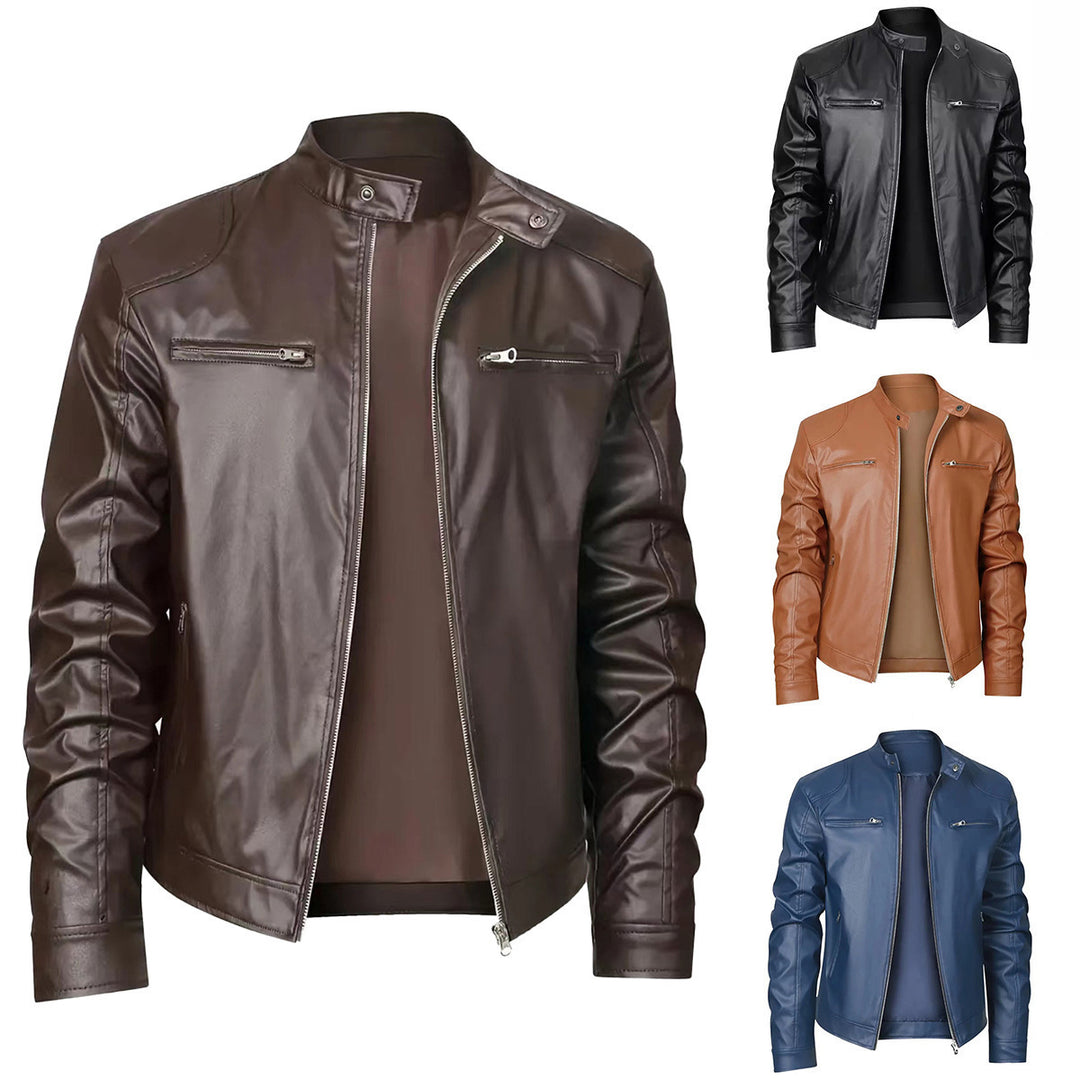 Herren nan schlanke Kunstleder-Bikerjacke mit Stehkragen, durchgehendem Reißverschluss und zwei Brusttaschen Drune