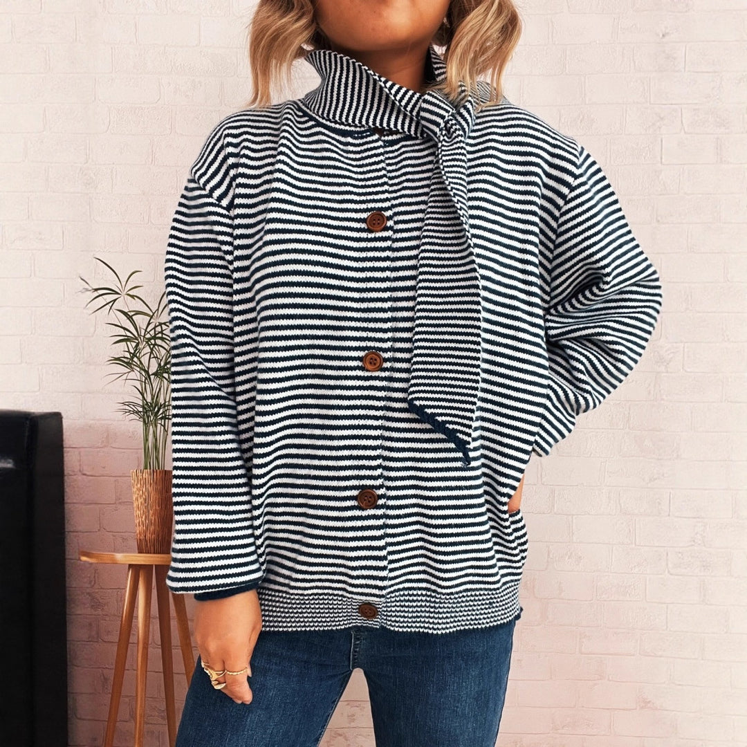 Damen gestreifter Strickcardigan mit hohem Kragen und dekorativen Knöpfen Drune