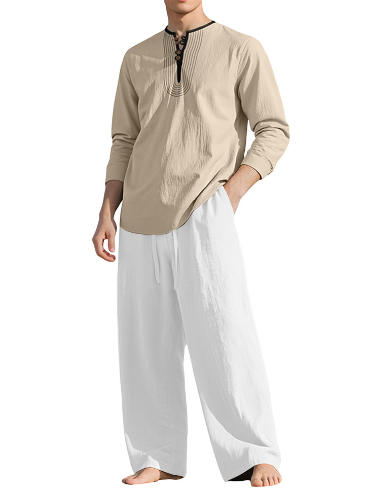 Herren nan Tunika- und Palazzohose-Set mit Henley-Blende, Zierstickerei und weitem Schnitt Drune