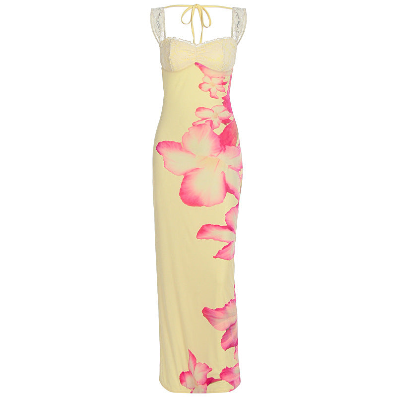 Damen Elegantes Maxikleid mit floralem Oberteil und Spitzenbändern Drune