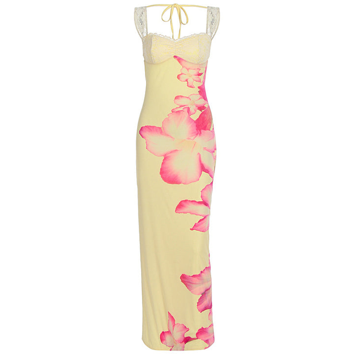 Damen Elegantes Maxikleid mit floralem Oberteil und Spitzenbändern Drune