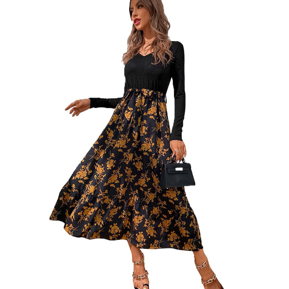 Damen Maxikleid mit tiefem V-Ausschnitt und floralem Rock Drune