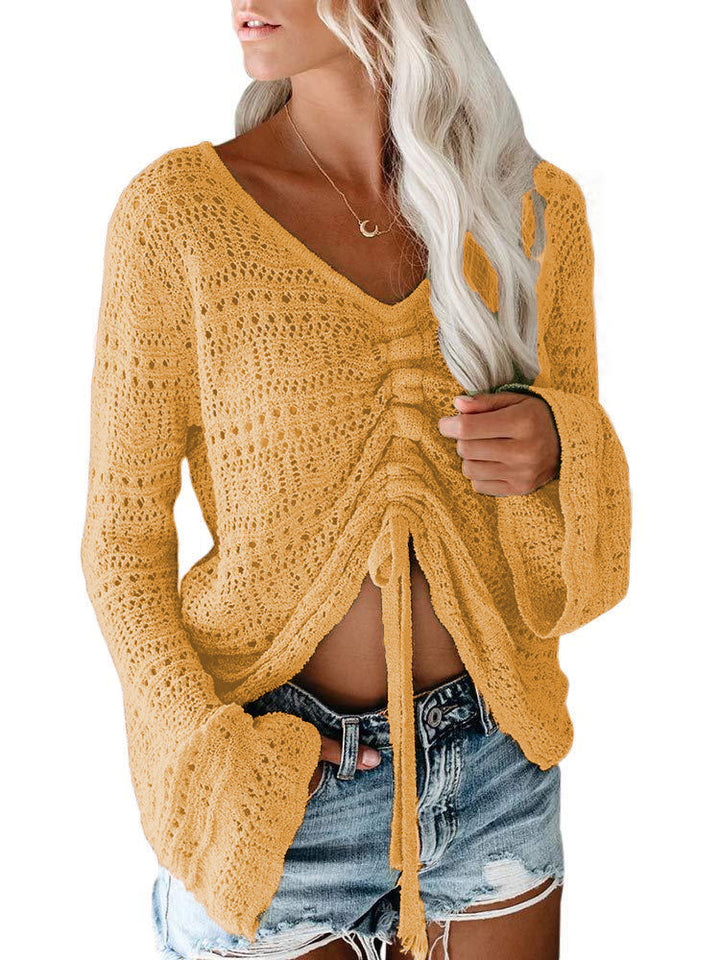 Damen angesagter V-Ausschnitt Pullover mit Raffung Drune