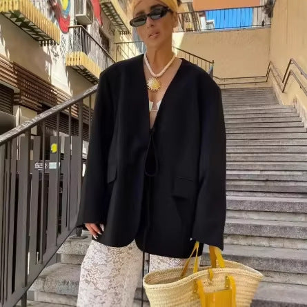 Damen nan kastenförmiger Blazer mit tiefem V-Ausschnitt, Bindebandverschluss und Pattentaschen Drune