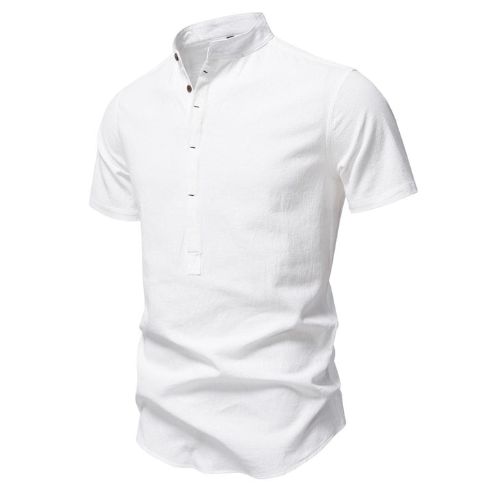 Herren nan lässiges Kurzarmshirt mit Stehkragen, halber Knopfleiste und leicht strukturierter Baumwoll-Leinen-Qualität Drune