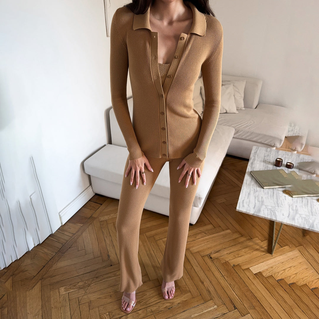 Damen Strick-Loungewear-Set mit elegantem Knopfdetail und figurbetontem Schnitt Drune