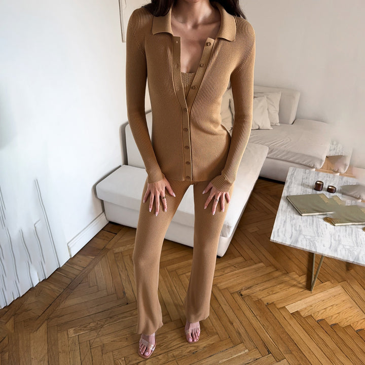 Damen Strick-Loungewear-Set mit elegantem Knopfdetail und figurbetontem Schnitt Drune