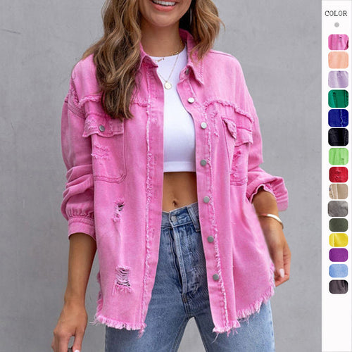 Damen nan oversized Jeanshemdjacke mit ausgefranstem Saum und distressed Details Drune