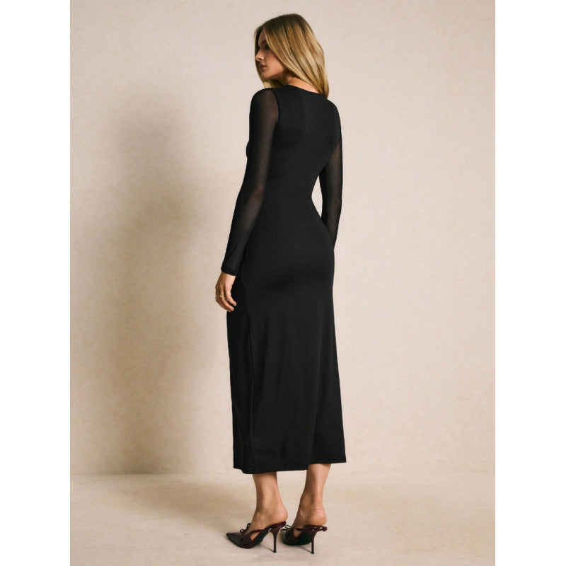 Damen Elegantes Wickelkleid mit transparenten Ärmeln und hohem Schlitz Drune