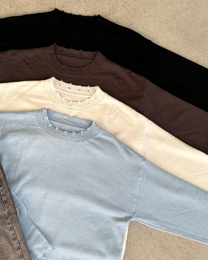 Damen lässiger Pullover mit modernem Rippkragen und trendy Rissdetails Drune