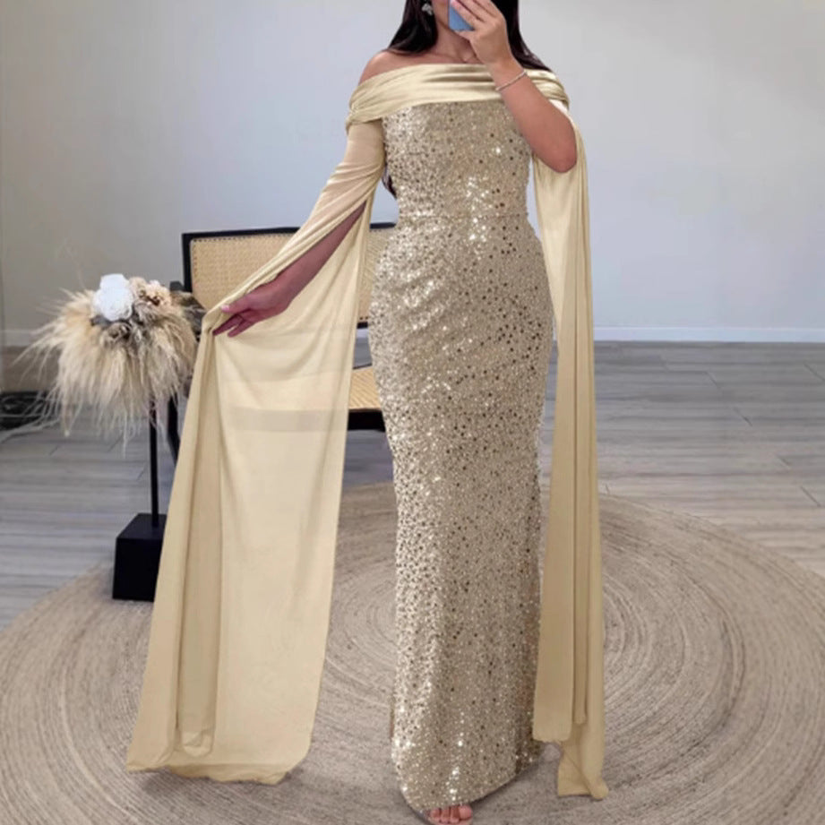 Damen Glitzerndes Abendkleid mit schulterfreiem Design und eleganten langen Ärmeln Drune