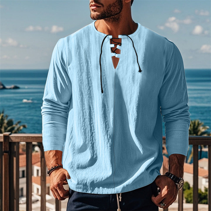 Herren modisches Langarmshirt mit Schnürung und V-Ausschnitt Drune