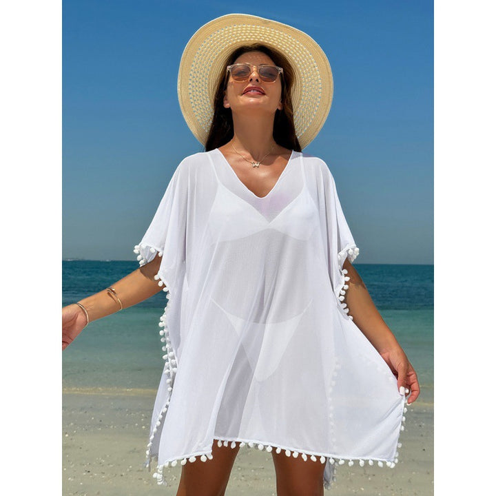 Damen Strandkleid mit dekorativem Pompon-Besatz und elegantem V-Ausschnitt Drune