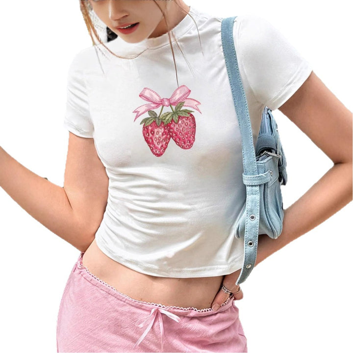 Damen Crop-T-Shirt mit verspieltem Erdbeer-Motiv und elegantem Halsabschluss Drune