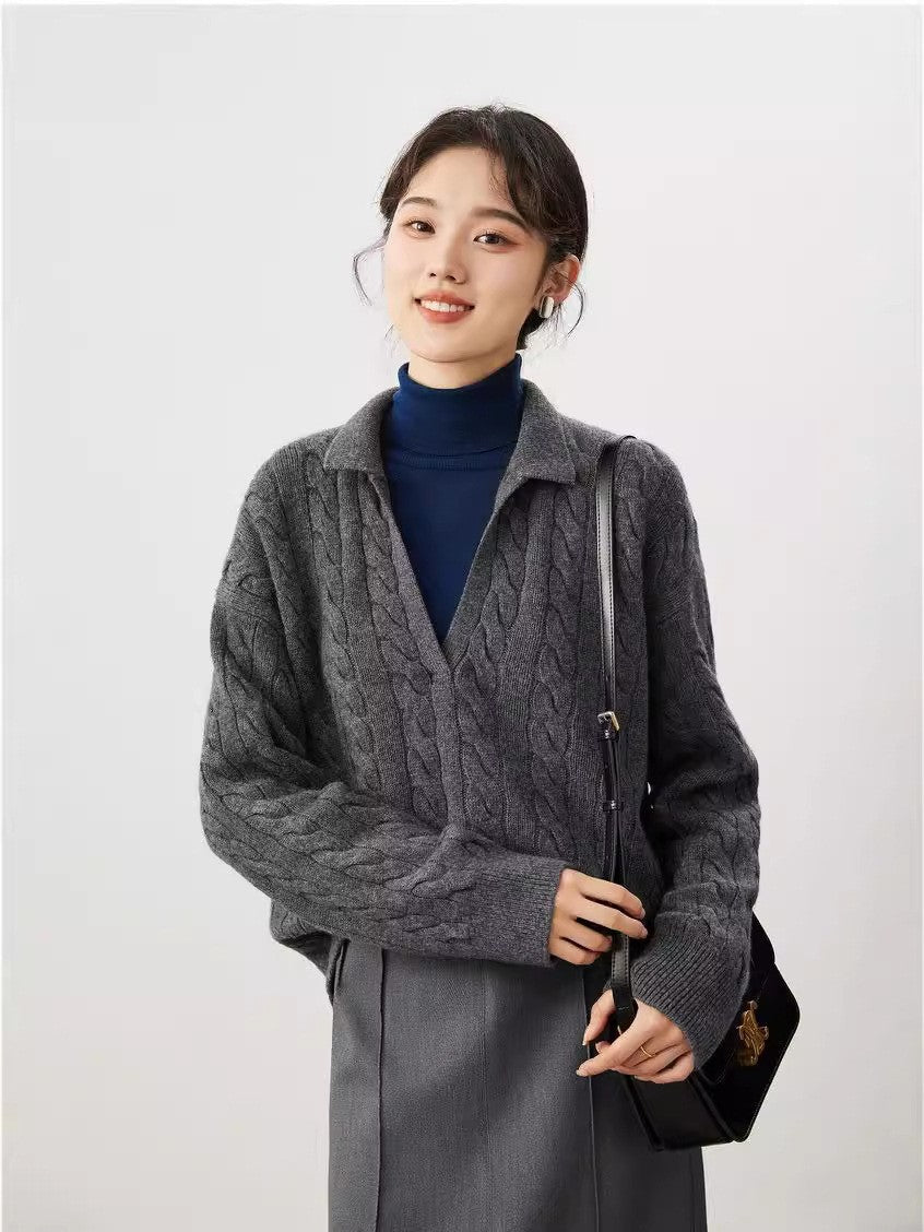 Damen Strickpullover mit V-Ausschnitt und Kabelmuster Drune