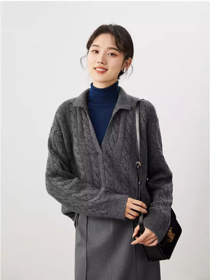 Damen Strickpullover mit V-Ausschnitt und Kabelmuster Drune