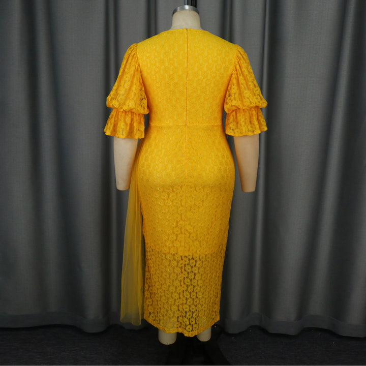 Damen elegantes Spitzenteil Kleid mit voluminösen Rüschensäumen Drune