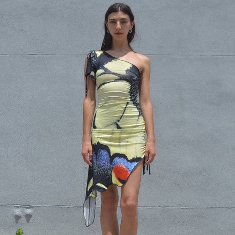 Damen asymmetrisches Minikleid mit Rüschendetails und einseitigem Träger Drune