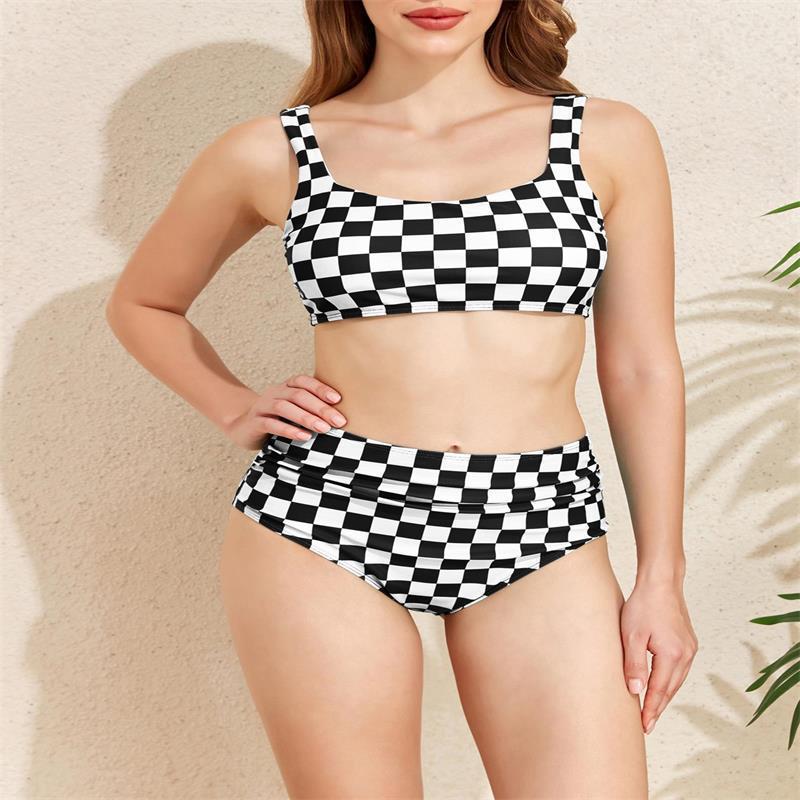 Damen Bikini-Set mit modischem Karomuster und hohem Taillenschnitt Drune