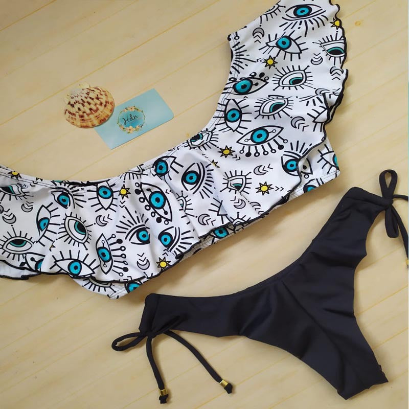 Damen Bunt bedruckter Bikini mit Schultervolants Drune