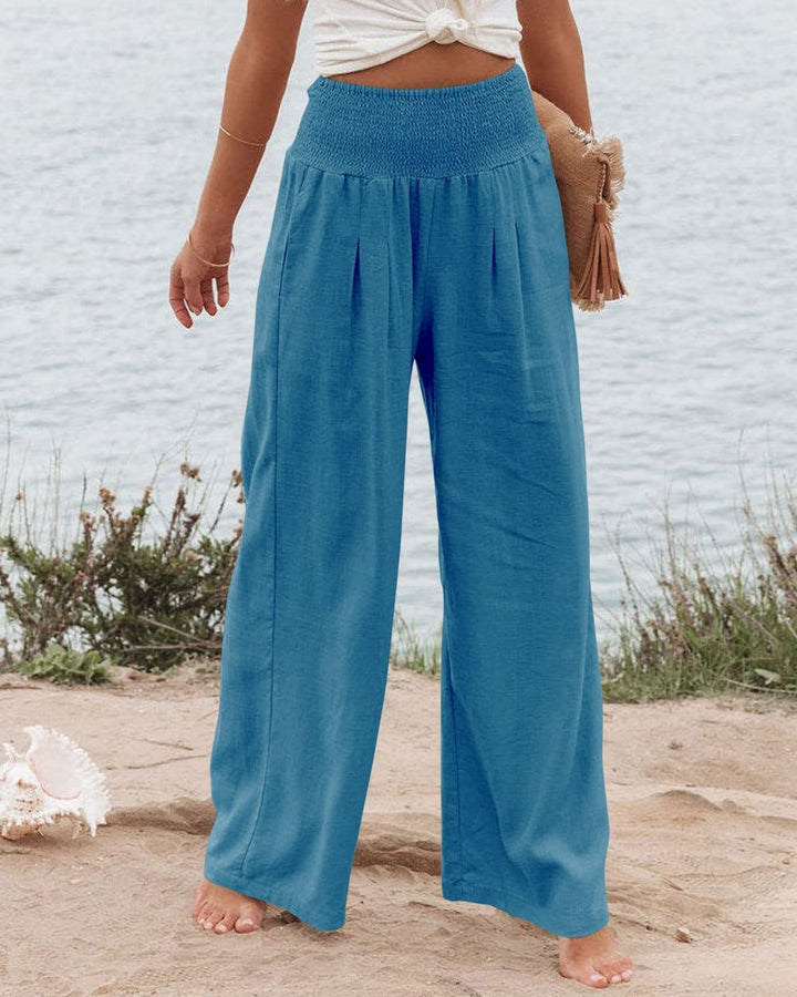 Damen Weite Leinenhose mit elastischem Bund und Falten Drune
