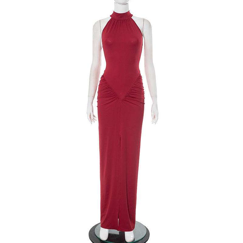 Damen elegantes Maxikleid mit hochgeschlossenem Kragen und raffinierten Raffungselementen Drune