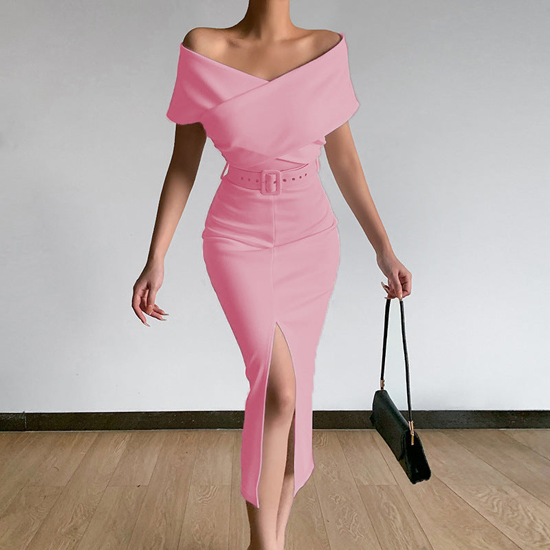 Damen Figurbetontes Abendkleid mit schulterfreiem Design und asymmetrischem Schlitz Drune