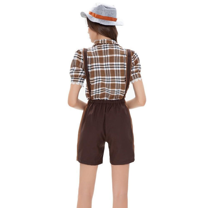 Damen nan Trachten-Shorts mit besticktem Latz, verstellbaren Trägern und karierter Bluse Drune