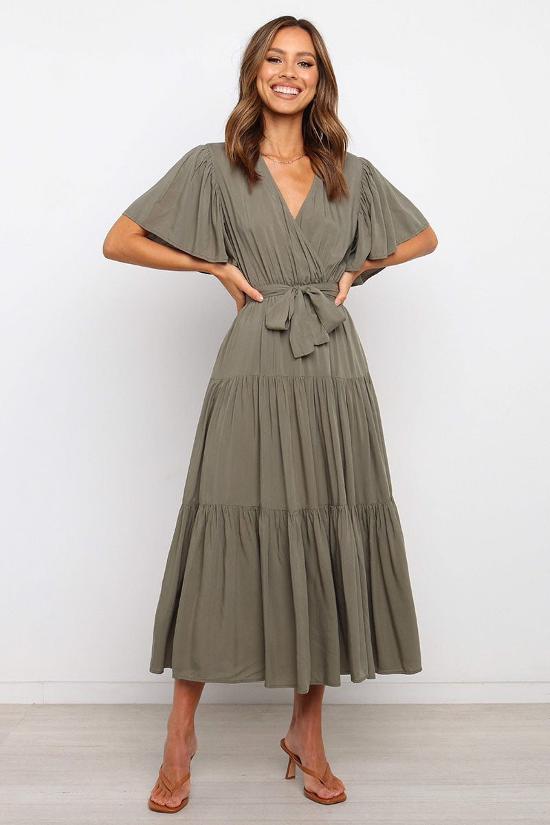 Damen Fließendes Maxi-Kleid mit Wickelbindung und Schmetterlingsärmeln Drune