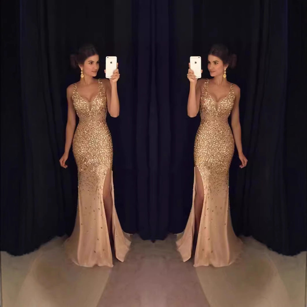 Damen Glitzerndes Abendkleid mit tiefem Ausschnitt und Schlitz Drune