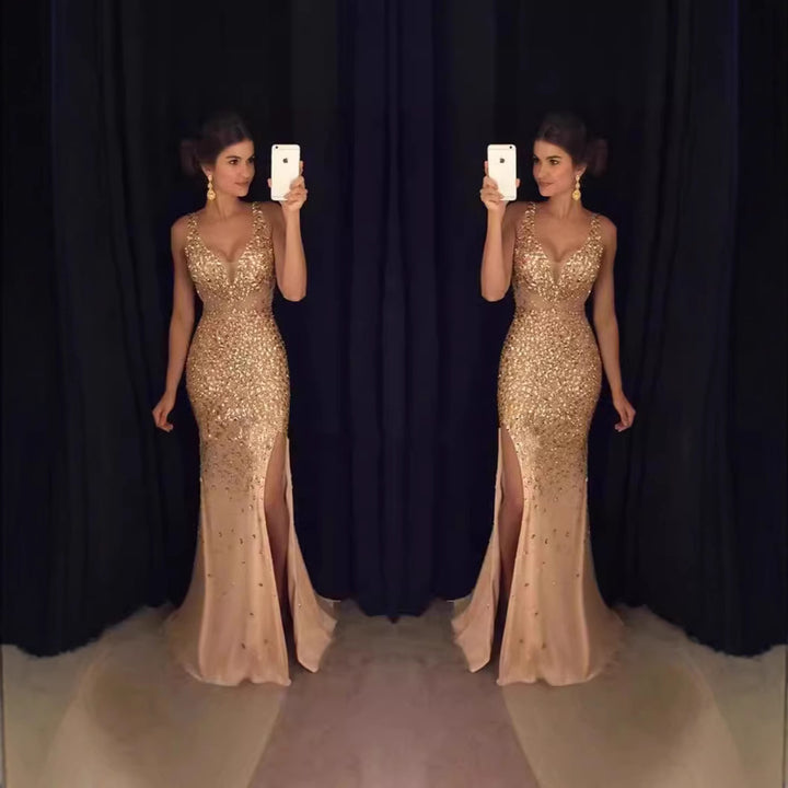 Damen Glitzerndes Abendkleid mit tiefem Ausschnitt und Schlitz Drune