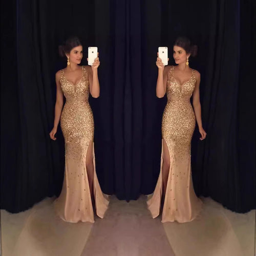Damen Glitzerndes Abendkleid mit tiefem Ausschnitt und Schlitz Drune