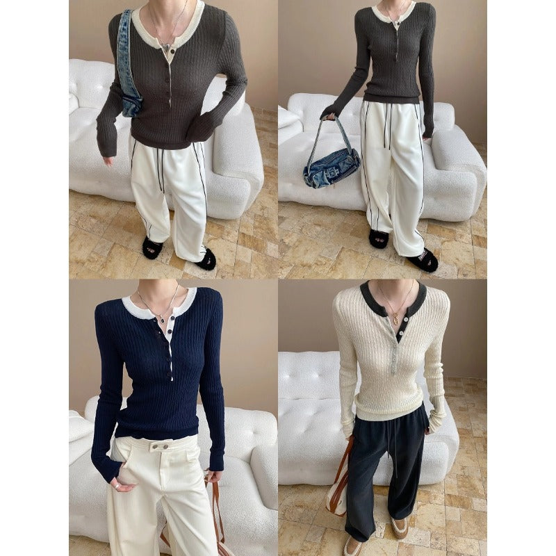 Damen lässiger Henley-Pullover mit Rippstruktur Drune