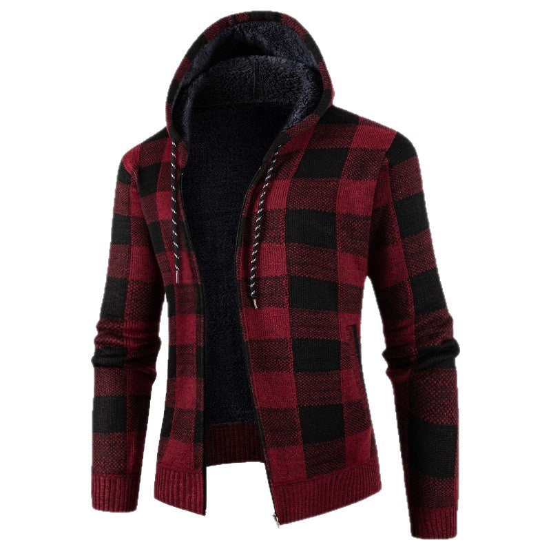 Herren Fleece-Kapuzenjacke mit Karomuster und weichem Innenfutter Drune