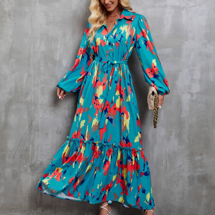 Damen Maxikleid mit farbenfrohem Floral-Design und elegantem Taillengürtel Drune