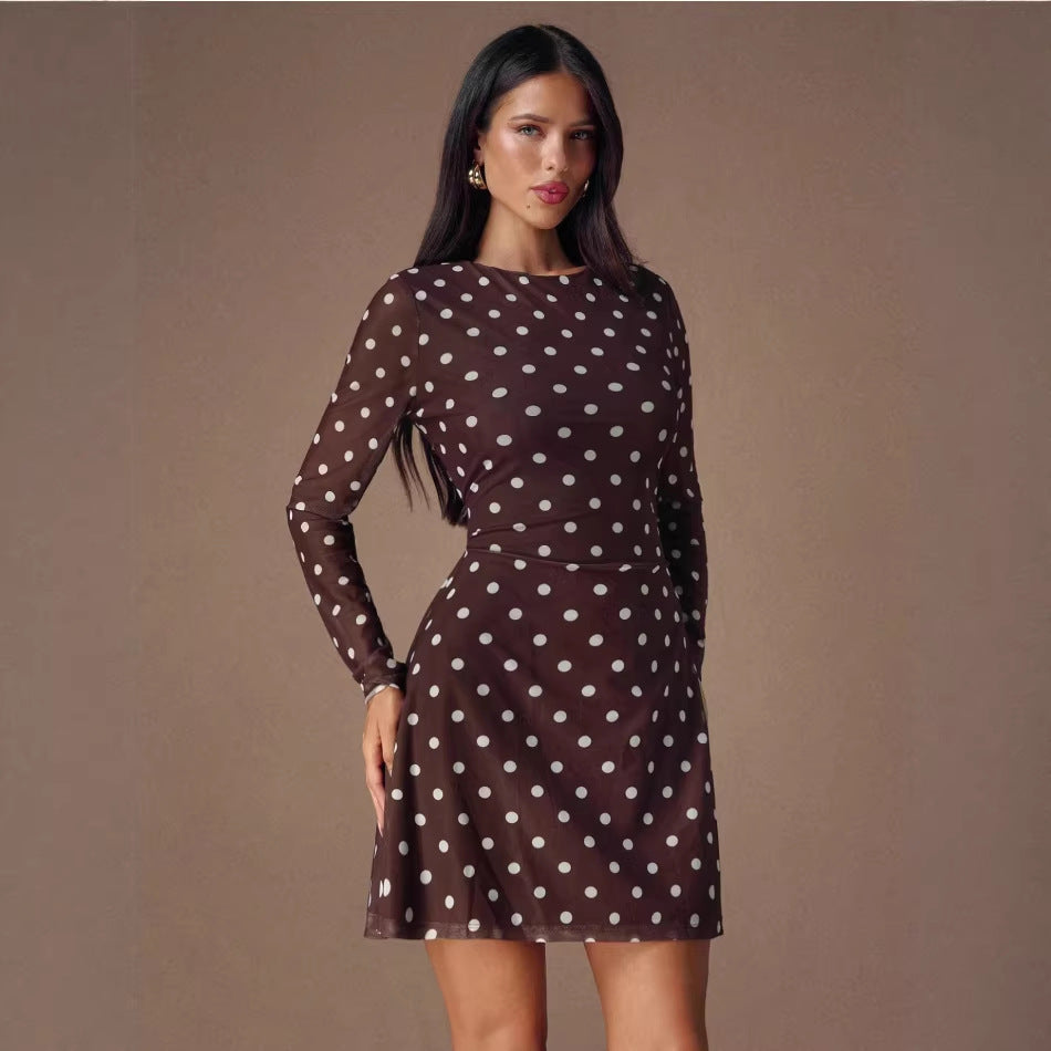 Damen Mini-Kleid mit transparenten Ärmeln und gepunktetem Design Drune