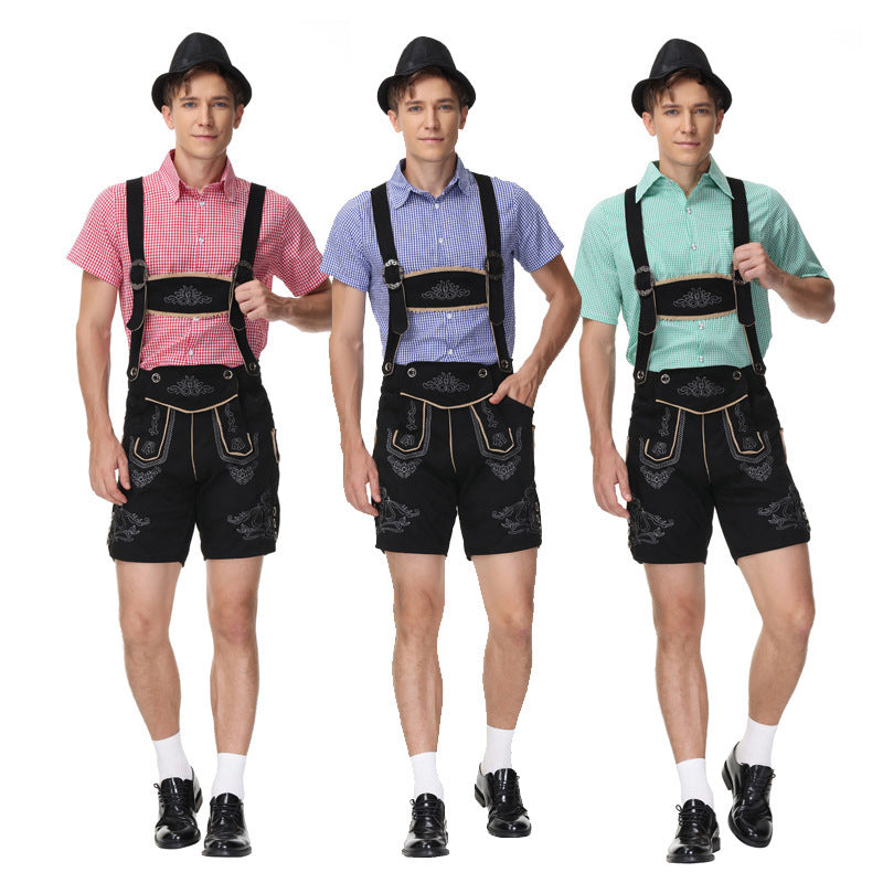 Herren nan moderne kurze Trachtenlederhose mit Kreuzträgern, dekorativer Stickerei und funktionalen Taschen Drune