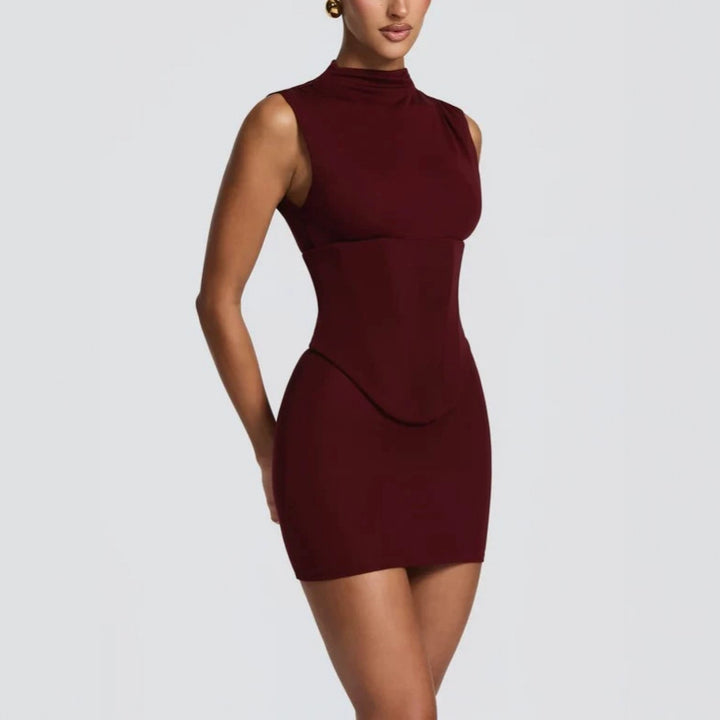 Damen Enganliegendes Stretch-Minikleid mit hohem Kragen Drune